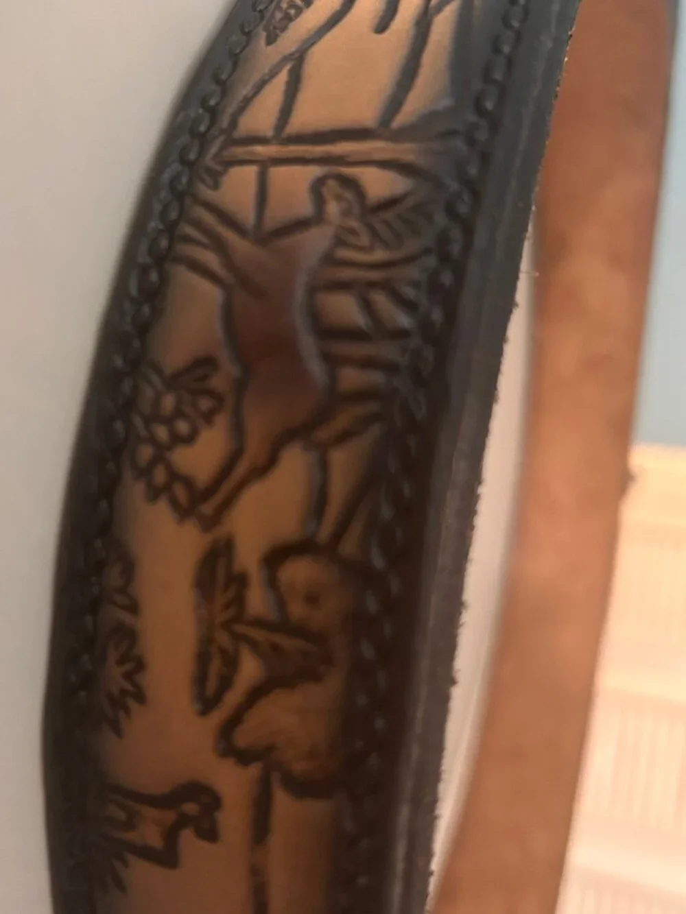 Vintage Woodland Deer Scene Belt Brown Rustic Nature Cottagecore Embossed 1.5